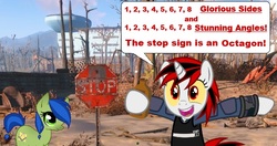 Size: 659x347 | Tagged: safe, oc, oc only, oc:blackjack, oc:scotch tape, fallout equestria, captain obvious, colored sclera, jack black, octagon, sesame street, stop sign, yellow sclera