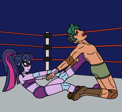 Size: 1396x1284 | Tagged: safe, artist:avispaneitor, sci-twi, timber spruce, twilight sparkle, equestria girls, g4, clothes, intergender wrestling, partial nudity, topless, wrestling, wrestling ring