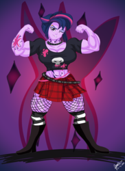 Size: 1700x2338 | Tagged: safe, artist:pandatarius, twilight sparkle, equestria girls, g4, abs, alternate hairstyle, bedroom eyes, boots, breasts, busty twilight sparkle, choker, clothes, female, fetish, fishnet stockings, lip bite, looking at you, midriff, miniskirt, muscle fetish, muscles, one eye closed, piercing, punk, punklight sparkle, skirt, socks, solo, tattoo, thigh highs, thighlight sparkle, thunder thighs, twilight muscle, wink