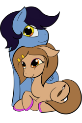 Size: 1200x1800 | Tagged: safe, artist:lefthighkick, oc, oc only, oc:kukri, oc:snapple, earth pony, pony, 2017 community collab, derpibooru community collaboration, cute, femboy, floppy ears, hairclip, looking at you, male, neck nuzzle, nuzzling, oc x oc, prone, shipping, simple background, smiling, straight, transparent background, trap