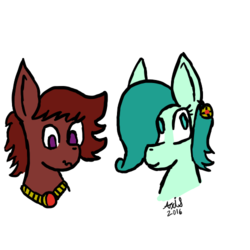 Size: 500x500 | Tagged: safe, alternate version, artist:axisthechangeling, oc, oc only, oc:emerald jewel, oc:ruby rouge, colt quest, amulet, color, colt, cute, ear piercing, earring, female, filly, foal, hair over one eye, jewelry, male, piercing, wavy mouth