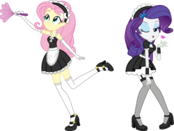 Size: 3241x2453 | Tagged: safe, artist:imperfectxiii, fluttershy, rarity, equestria girls, g4, adorasexy, beautiful, beautisexy, blowing a kiss, clothes, commission, cute, duo, duo female, duster, female, fishnet stockings, frilly socks, garter belt, gloves, heart, high heels, high res, long gloves, maid, one eye closed, open mouth, raised leg, sexy, shoes, simple background, sleeveless, smiling, socks, stockings, stupid sexy fluttershy, thigh highs, transparent background, vector, wink