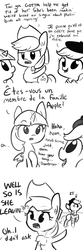 Size: 1280x3872 | Tagged: safe, artist:tjpones, applejack, twilight sparkle, oc, oc:pommejean, alicorn, pony, g4, angry, beret, comic, dialogue, french, monochrome, music notes, not applejack, open mouth, pointing, raised hoof, smiling, twilight sparkle (alicorn)