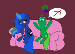 Size: 1008x731 | Tagged: safe, artist:limedreaming, princess luna, oc, oc:lime dream, gamer luna, g4, angry, belly button, controller, couch, magic, scrunchy face, simple background