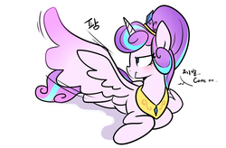 Size: 1220x800 | Tagged: safe, artist:haden-2375, princess flurry heart, alicorn, pony, g4, blushing, come on, dialogue, female, lidded eyes, older, older flurry heart, prone, simple background, solo, spread wings, unamused, white background