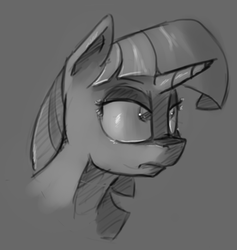 Size: 1336x1411 | Tagged: safe, artist:post-it, twilight sparkle, pony, g4, bust, female, gray background, grayscale, monochrome, simple background, sketch, solo