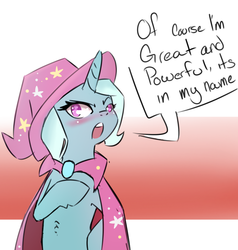 Size: 715x750 | Tagged: safe, artist:jar, artist:justasrequested, trixie, pony, unicorn, g4, bipedal, blushing, cape, clothes, dialogue, female, gradient background, hat, looking at you, mare, open mouth, solo, speech bubble, trixie's cape, trixie's hat
