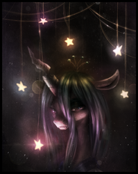 Size: 980x1230 | Tagged: safe, artist:ventious, queen chrysalis, changeling, changeling queen, g4, bust, female, looking down, portrait, sad, solo, stars