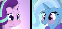 Size: 1680x800 | Tagged: safe, artist:n0nnny, edit, starlight glimmer, trixie, pony, unicorn, g4, :t, animated, blushing, boop, cape, clothes, cute, diabetes, diatrixes, eye contact, eye shimmer, female, floppy ears, frame by frame, gif, glimmerbetes, gradient background, grin, looking at each other, n0nnny's boops, nose wrinkle, reversed, slow motion, smiling, squee, textless, weapons-grade cute