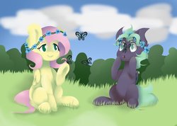Size: 1024x731 | Tagged: safe, artist:barkerjewel, fluttershy, oc, oc:fusha, bat pony, butterfly, pony, g4, bat pony oc, duo, floral head wreath, flower, grass, insect on nose, looking at something, raised hoof, sitting