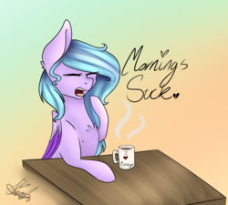 Size: 1470x1323 | Tagged: safe, artist:harmonyskish, oc, oc only, oc:moonflare, pegasus, pony, cup, female, gradient background, mare, morning ponies, solo, table, yawn
