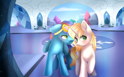 Size: 4200x2613 | Tagged: safe, artist:scarlet-spectrum, oc, oc only, oc:aero, oc:ivy, pegasus, pony, unicorn, commission, crystal empire, goggles, high res, looking away, oc x oc, raised hoof, shipping, smiling