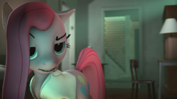 Size: 1920x1080 | Tagged: safe, artist:ferexes, pinkie pie, earth pony, pony, g4, 3d, chair, clothes, female, lamp, open clothes, pinkamena diane pie, shirt, solo, unamused