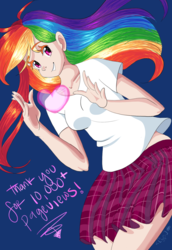 Size: 1024x1489 | Tagged: safe, artist:paris-the-platypus, rainbow dash, human, g4, clothes, cute, female, humanized, milestone, moe, plaid, pleated skirt, shirt, simple background, skirt, solo