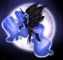 Size: 1423x1380 | Tagged: safe, artist:clefficia, nightmare moon, alicorn, pony, g4, ear fluff, female, flying, mare, moon, night, sky, solo, stars