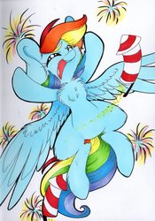 Size: 1700x2434 | Tagged: safe, artist:cutepencilcase, rainbow dash, pony, g4, chest fluff, female, fireworks, flying, impossibly large ears, open mouth, solo, traditional art