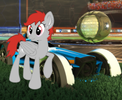 Size: 1200x986 | Tagged: safe, artist:novafusion, oc, oc only, oc:avro, cyborg, pegasus, pony, ball, car, cutie mark, rocket league, screenshot background, single, smiling, vector, vehicle, video game