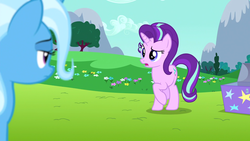 Size: 1920x1080 | Tagged: safe, screencap, starlight glimmer, trixie, pony, g4, no second prances, box, chest, cloud, flower, meadow, mountain, scenery, stars, tree