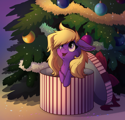 Size: 1160x1113 | Tagged: safe, artist:28gooddays, artist:badday, oc, oc only, pony, box, christmas tree, cute, female, mare, pony in a box, present, solo, tree