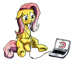 Size: 1702x1450 | Tagged: safe, artist:friendshipismetal777, fluttershy, pegasus, pony, g4, computer, crosshatch, female, floppy ears, headphones, laptop computer, listening, looking at something, simple background, sitting, solo, the f plus, traditional art, unsure, white background, worried