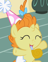 Size: 552x720 | Tagged: safe, screencap, pumpkin cake, pony, baby cakes, g4, female, hat, party hat, party horn, solo