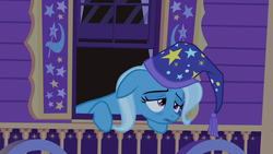 Size: 1280x720 | Tagged: safe, screencap, trixie, pony, g4, to where and back again, female, hat, mare, nightcap, solo, tired, trixie's nightcap, trixie's wagon