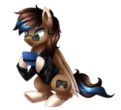 Size: 3015x2744 | Tagged: safe, artist:scarlet-spectrum, oc, oc only, oc:playthrough, pegasus, pony, clothes, commission, high res, male, nintendo ds, simple background, smiling, solo, stallion, sunglasses, sweater, transparent background, video game