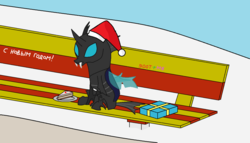 Size: 1174x673 | Tagged: safe, alternate version, artist:watermelon changeling, derpibooru exclusive, kevin, changeling, g4, bench, cake, christmas changeling, food, hat, ms paint, present, russian, santa hat, sitting, snow, solo, translated in the description