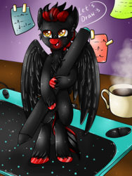 Size: 1125x1500 | Tagged: safe, artist:fkk, oc, oc only, pegasus, pony, bipedal, coffee, commission, male, micro, red and black oc, solo, stallion, stylus, tablet, unshorn fetlocks, ych result