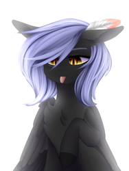 Size: 2191x2917 | Tagged: safe, artist:ohhoneybee, oc, oc only, oc:cloudy night, pegasus, pony, chest fluff, feather, female, high res, mare, solo, tongue out