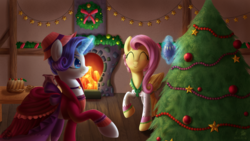 Size: 1920x1080 | Tagged: safe, artist:divlight, flutterholly, fluttershy, merry, rarity, a hearth's warming tail, g4, christmas tree, christmas wreath, clothes, decorating, decoration, dress, duo, eyes closed, fireplace, food, magic, pastry, raised hoof, tree