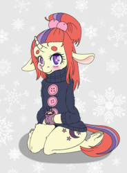 Size: 830x1130 | Tagged: safe, artist:mailinya, moondancer, semi-anthro, g4, arm hooves, blushing, chocolate, clothes, curved horn, cute, female, floppy ears, food, horn, hot chocolate, kneeling, looking at you, marshmallow, missing accessory, smiling, snow, snowflake, solo, sweater, turtleneck, underhoof, wingding eyes