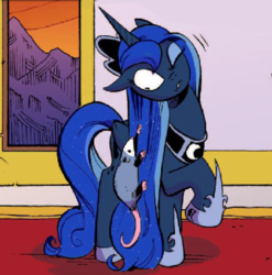 Size: 637x644 | Tagged: safe, artist:andypriceart, idw, official comic, princess luna, tiberius, pony, g4, spoiler:comicm10, cute, hair pulling, pet