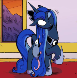 Size: 637x644 | Tagged: safe, artist:andy price, idw, official comic, princess luna, tiberius, pony, g4, micro-series #10, my little pony micro-series, cute, hair pulling, pet