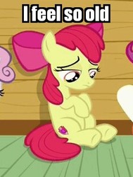 Size: 223x295 | Tagged: safe, edit, edited screencap, screencap, apple bloom, scootaloo, sweetie belle, g4, the fault in our cutie marks, caption, cutie mark, image macro, meme, reaction image, sad, sitting, solo focus, the cmc's cutie marks