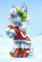 Size: 1466x2160 | Tagged: safe, artist:aphphphphp, oc, oc only, earth pony, pony, clothes, costume, female, looking at you, mare, open mouth, rearing, santa costume, smiling, snow, solo