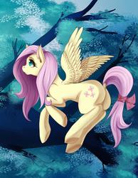 Size: 2625x3375 | Tagged: safe, artist:guinefurrie, fluttershy, pegasus, pony, g4, bow, butt, dock, female, flutterbutt, flying, high res, looking away, looking up, multiple variants, plot, solo, spread wings, tail bow, tree, underhoof
