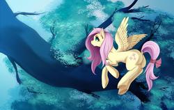 Size: 5344x3375 | Tagged: safe, artist:guinefurrie, fluttershy, pony, g4, absurd resolution, bow, butt, female, flutterbutt, flying, looking away, looking up, multiple variants, plot, solo, spread wings, tail bow, tree, underhoof, wallpaper