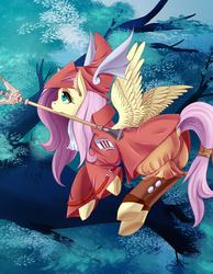 Size: 2625x3375 | Tagged: safe, artist:guinefurrie, fluttershy, pony, g4, clothes, cosplay, costume, female, final fantasy, final fantasy ix, flying, freya crescent, high res, looking away, looking up, mouth hold, multiple variants, solo, spread wings, tree, underhoof