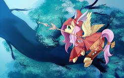 Size: 5344x3375 | Tagged: safe, artist:guinefurrie, fluttershy, pony, g4, absurd resolution, clothes, cosplay, costume, female, final fantasy, final fantasy ix, flying, freya crescent, looking away, looking up, mouth hold, multiple variants, solo, spread wings, tree, underhoof, wallpaper