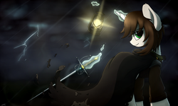 Size: 3000x1800 | Tagged: safe, artist:avastin4, oc, oc only, oc:light landstrider, pony, unicorn, lamp, lantern, looking at you, looking back, magic, rapier, solo, storm, sword, thunderstorm, weapon