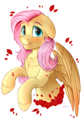 Size: 1500x2300 | Tagged: safe, artist:allisonbacker, fluttershy, pony, g4, blushing, bust, cute, female, floppy ears, looking at you, misleading thumbnail, not blood, petals, portrait, shyabetes, simple background, smiling, solo, stray strand, white background