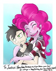 Size: 600x768 | Tagged: safe, artist:firimil, pinkie pie, equestria girls, g4, crossover, crossover shipping, dan, dan pie, dan vs, eyes closed, male, shipping, straight