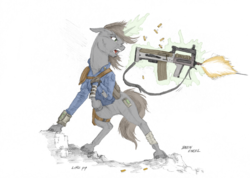Size: 1300x924 | Tagged: safe, artist:baron engel, artist:capt-sierrasparx, color edit, edit, oc, oc only, oc:littlepip, pony, unicorn, fallout equestria, assault rifle, bandage, bullpup rifle, clothes, colored, fanfic, fanfic art, female, glowing horn, gun, handgun, hooves, horn, jumpsuit, levitation, little macintosh, magic, mare, open mouth, pencil drawing, pipboy, pipbuck, revolver, rifle, saddle bag, shooting, simple background, solo, teeth, telekinesis, traditional art, vault suit, weapon, white background
