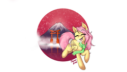 Size: 1920x1080 | Tagged: safe, artist:monanniverse, fluttershy, pegasus, pony, g4, clothes, eyes closed, female, japan, mare, open mouth, raised hoof, scarf, smiling, snow, snowfall, solo, wallpaper