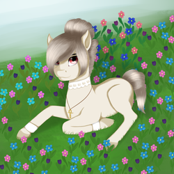 Size: 2000x2000 | Tagged: safe, artist:heniek, oc, oc only, earth pony, pony, flower, grass, high res, jewelry, looking at you, lying down, meadow, necklace, solo