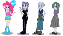 Size: 1761x1022 | Tagged: dead source, safe, artist:drewmwhit, boulder (g4), limestone pie, marble pie, maud pie, pinkie pie, equestria girls, g4, badge, balloon, beautiful, boots, clothes, diamond, dress, equestria girls-ified, hair over one eye, high heel boots, pants, shoes, siblings, sisters