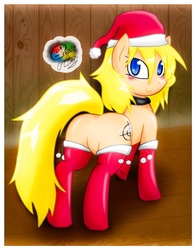 Size: 1192x1524 | Tagged: safe, artist:rockarboom, oc, oc only, oc:aimmy, pony, butt, clothes, cute, featureless crotch, hat, looking back, plot, santa hat, socks, solo, stockings, thigh highs