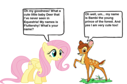 Size: 1489x991 | Tagged: safe, fluttershy, deer, pegasus, pony, g4, bambi, crossover, disney