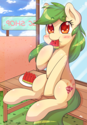 Size: 4300x6138 | Tagged: safe, artist:tikrs007, oc, oc only, oc:green cracker, pony, absurd resolution, bench, cute, eating, female, food, heart eyes, herbivore, mare, sitting, solo, watermelon, wingding eyes